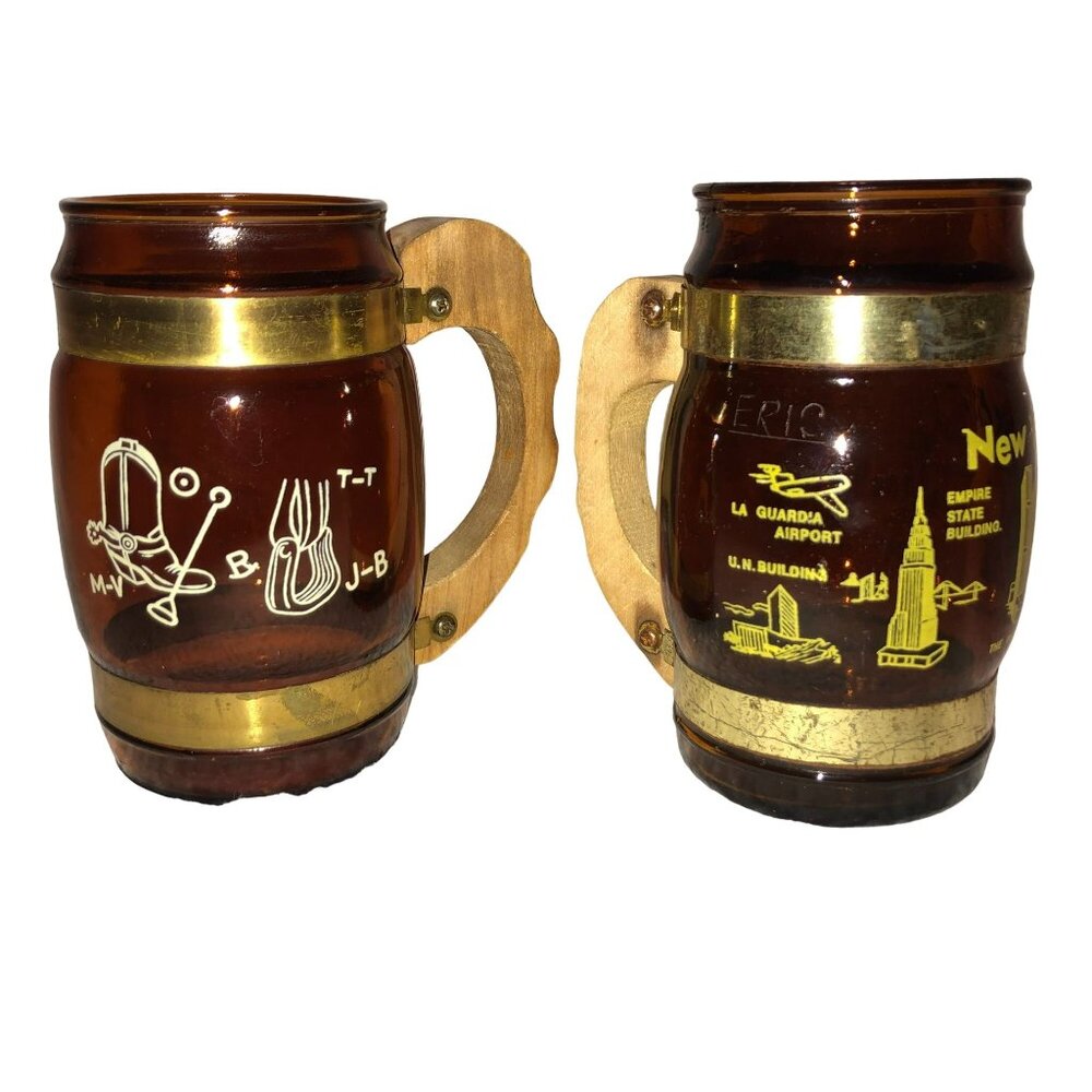 Vtg Siestaware Amber Barrel Shaped Glasses Lot of 2 New York City Cowboy Barware